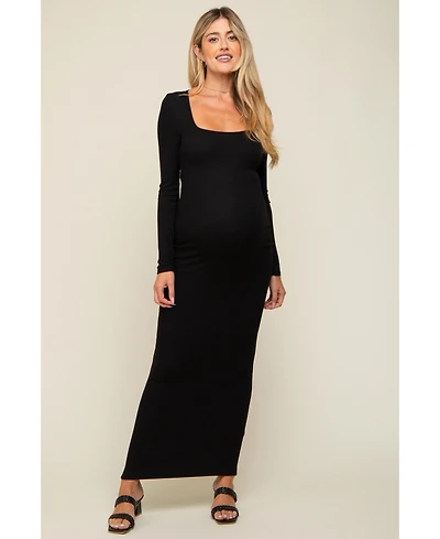 Pinkblush Black Ribbed Long Sleeve Square Neck Maternity Maxi Dress