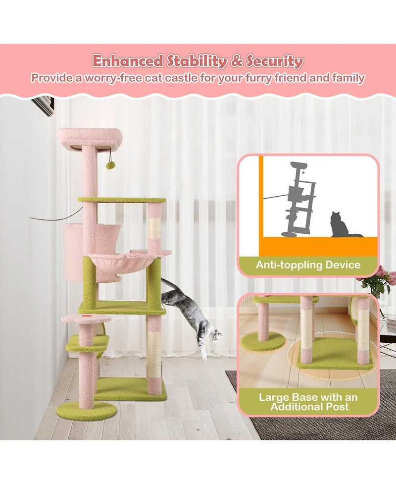 Gymax 58'' Plush Cat Tree Floral Climbing Tree Multi-level Cat Tower w/ Round Basket