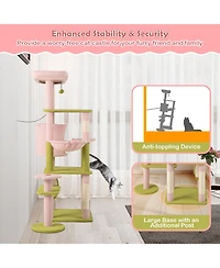 Gymax 58'' Plush Cat Tree Floral Climbing Tree Multi-level Cat Tower w/ Round Basket
