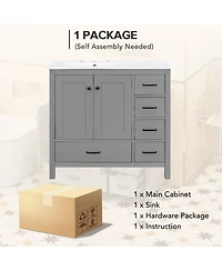 Lovmor 36inch Gray Bathroom Vanity with Ceramic Sink Combo Abundant Storage Cabinet 2 Soft close doors and 5 drawers