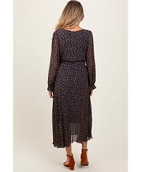 Pinkblush Maternity Navy Blue Floral Front Tie Pleated Midi Dress
