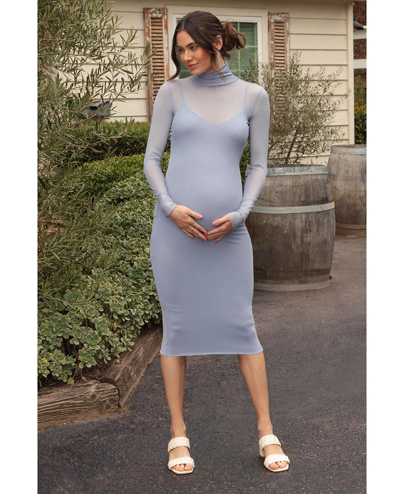 Pinkblush Maternity Forest Green Mesh Overlay Fitted Midi Dress