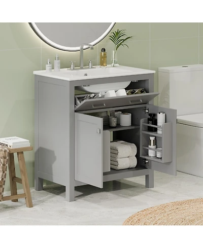 Lovmor 30inch Bathroom Vanity with Ceramic Sink Modern Gray Single Bathroom Cabinet with 2 Doors and a Shelf Soft Close Doors