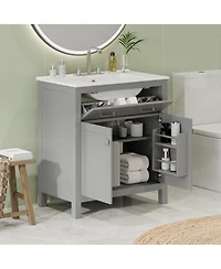 Lovmor 30inch Bathroom Vanity with Ceramic Sink Modern Gray Single Bathroom Cabinet with 2 Doors and a Shelf Soft Close Doors