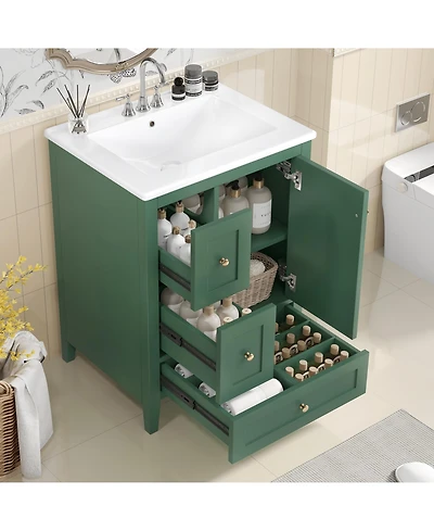 Lovmor Bathroom Vanity with Storage Adjustable Shelf Mdf Rubberwood Removable Dividers Dark Green Finish