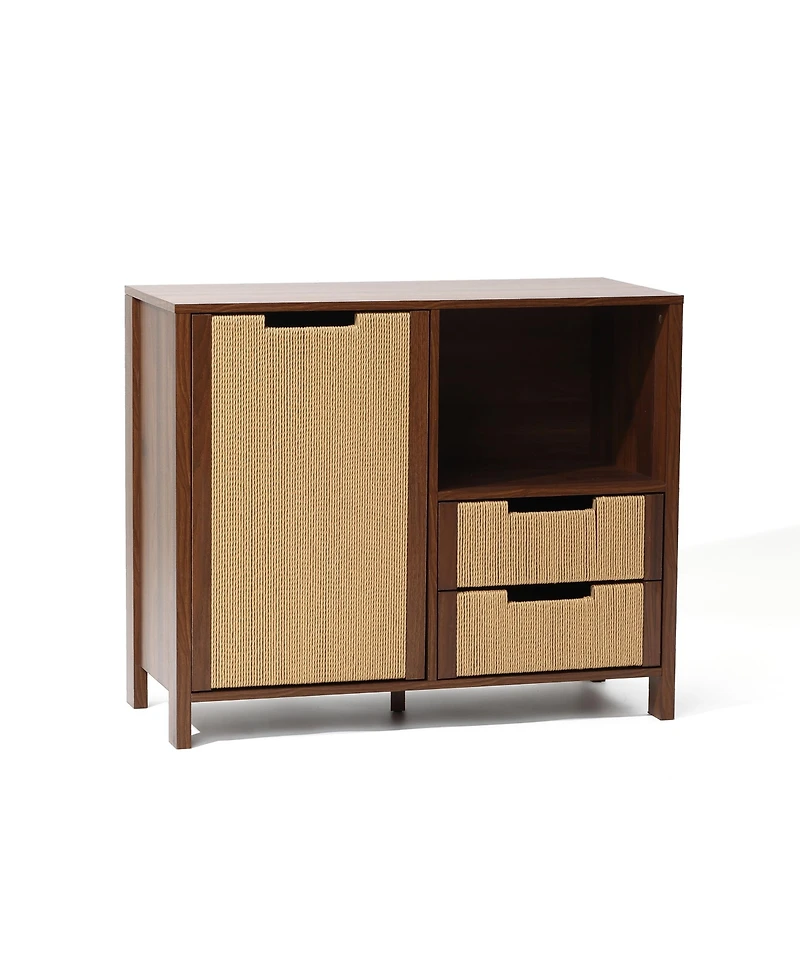 LuxenHome Walnut Finish Storage Cabinet with Rope Drawer Front, 1 Door, 2 Drawers, Mdf Wood