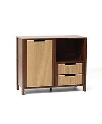LuxenHome Walnut Finish Storage Cabinet with Rope Drawer Front, 1 Door, 2 Drawers, Mdf Wood