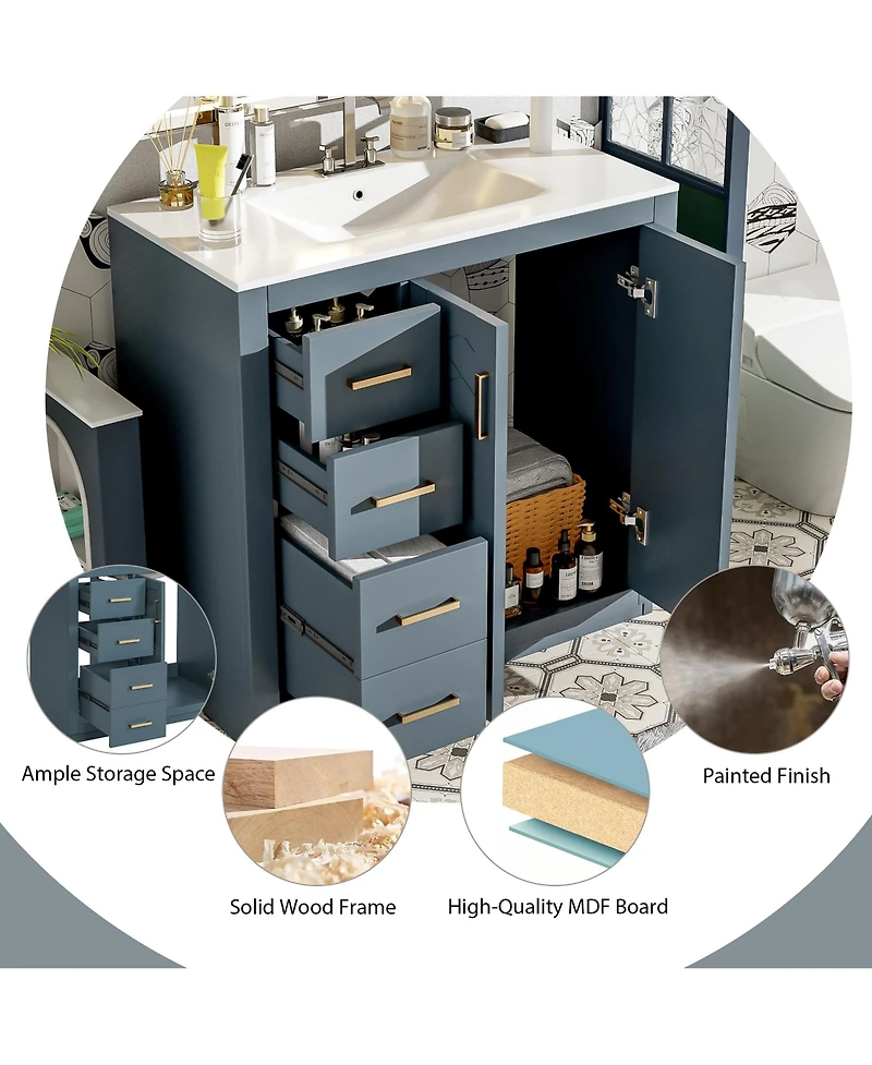 Lovmor 36inch Bathroom Vanity with Ceramic Sink Combo Solid Wood Frame Bathroom Storage Cabinet Freestanding Vanity Set with 3 Drawers Soft Closing Do