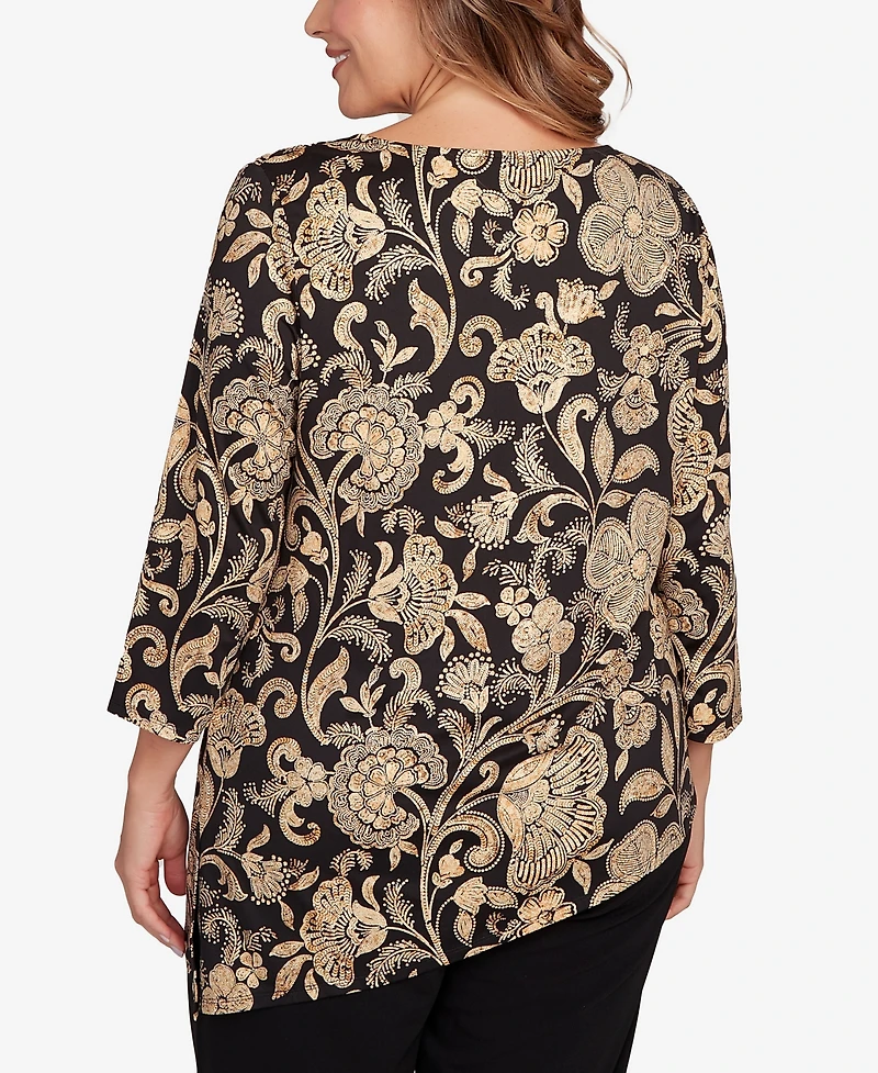 Ruby Rd. Plus Gold Foil Floral Printed Knit Top