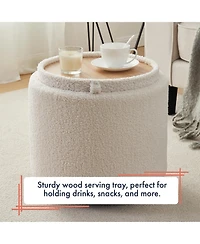 Ornavo Home Lawrence Round Boucle White Storage Ottoman with Table Top Lid