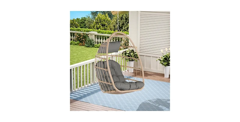 Flynama 55 Inch Dark Gray Rattan Egg Swing Chair with Stand and Deep Gray Cushion