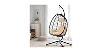 37 Inch Wicker Egg Chair with Stand and Removable Cushion for Indoor and Outdoor Use