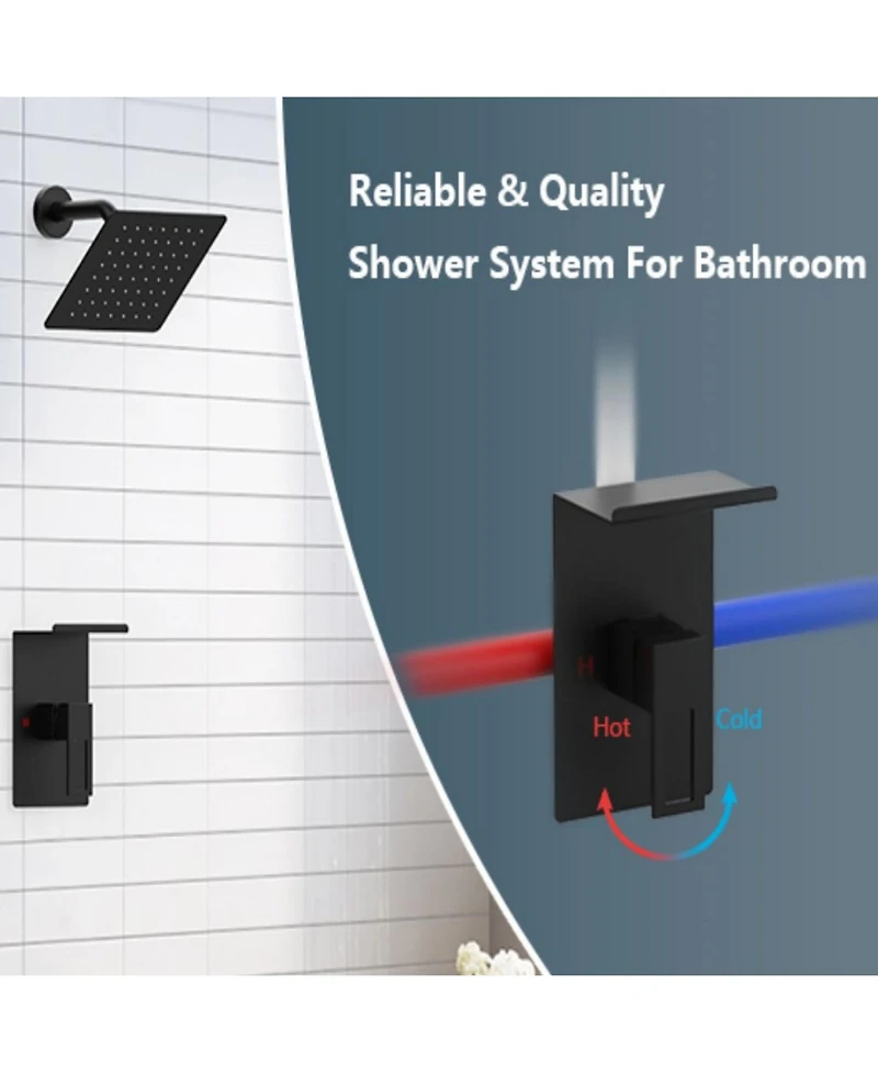 Rainsken Shower Faucet Set with Storage Rack 8-inch Rain Shower Head with Single Spray Shower Head, Matte Black