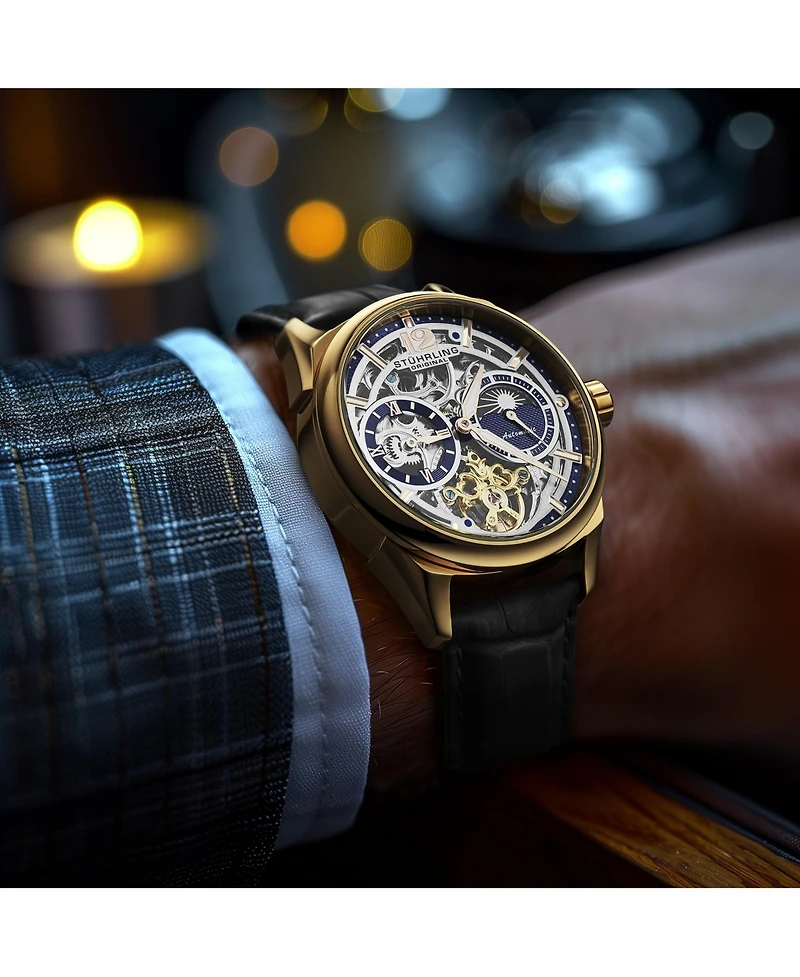 Stuhrling Vanguard 1019.04 Legacy Collection Dual Time Automatic Skeleton Watch 42mm Rose Gold Tone Black Dial Leather Strap