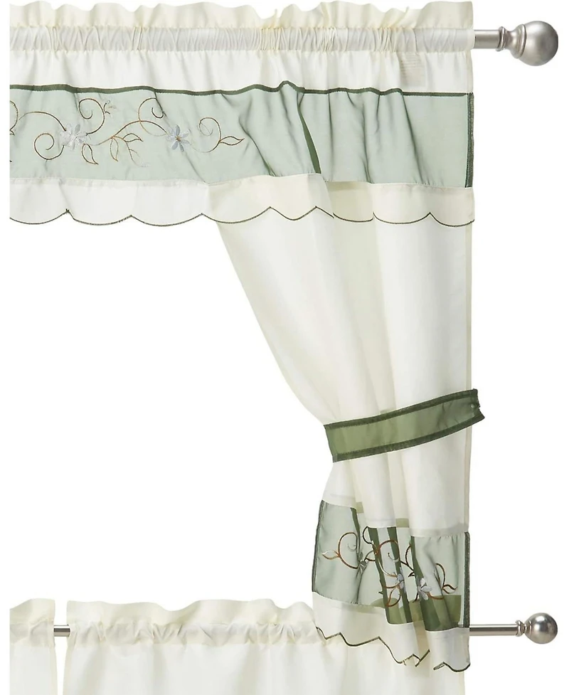 Kate Aurora 5 Piece Embroidered Floral Kitchen Curtain Tier Curtain Valance & Tiebacks Set