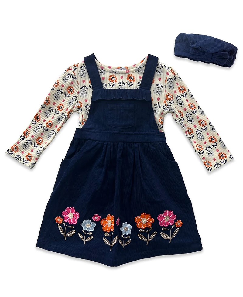 Blueberi Boulevard Girls 2T-6X 3 Piece Floral Top, Bow Beret and Border Ribbed Jumper Set