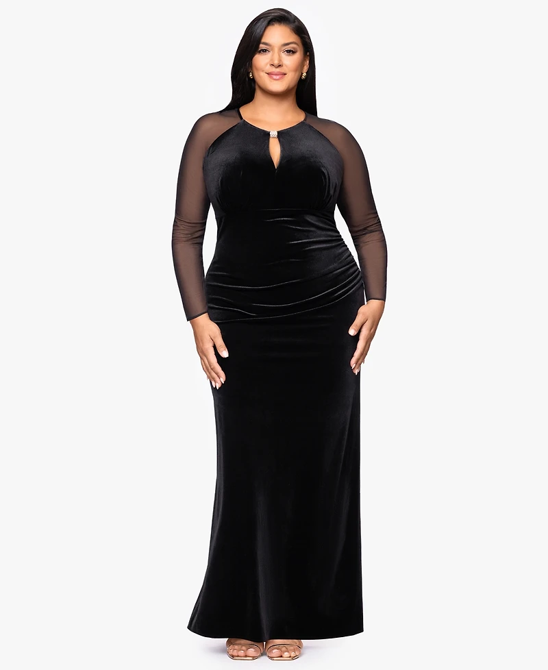 B&A By Betsy and Adam Plus Velvet Mesh Ballgown