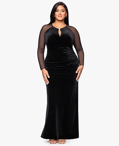 B&A By Betsy and Adam Plus Velvet Mesh Ballgown