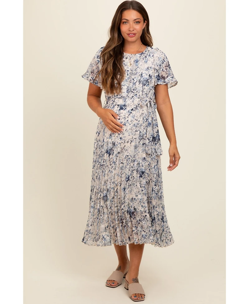 Pinkblush Maternity Cream Floral Pleated Midi Dress
