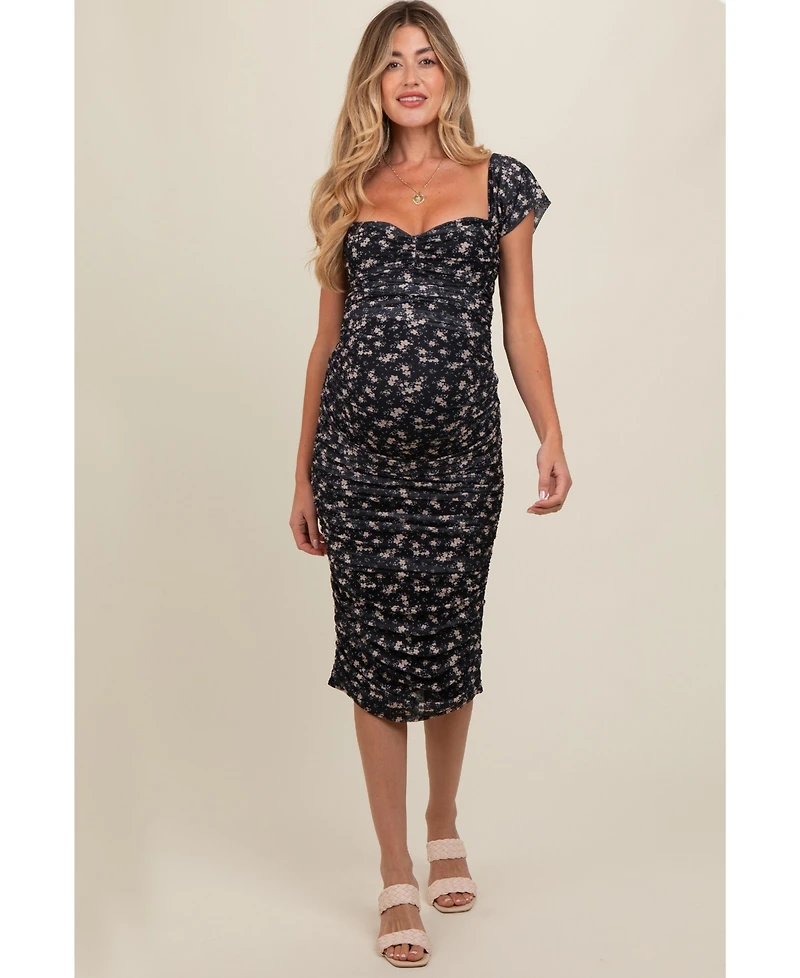 Pinkblush Maternity Black Printed Stretch Knit Ruched Dress