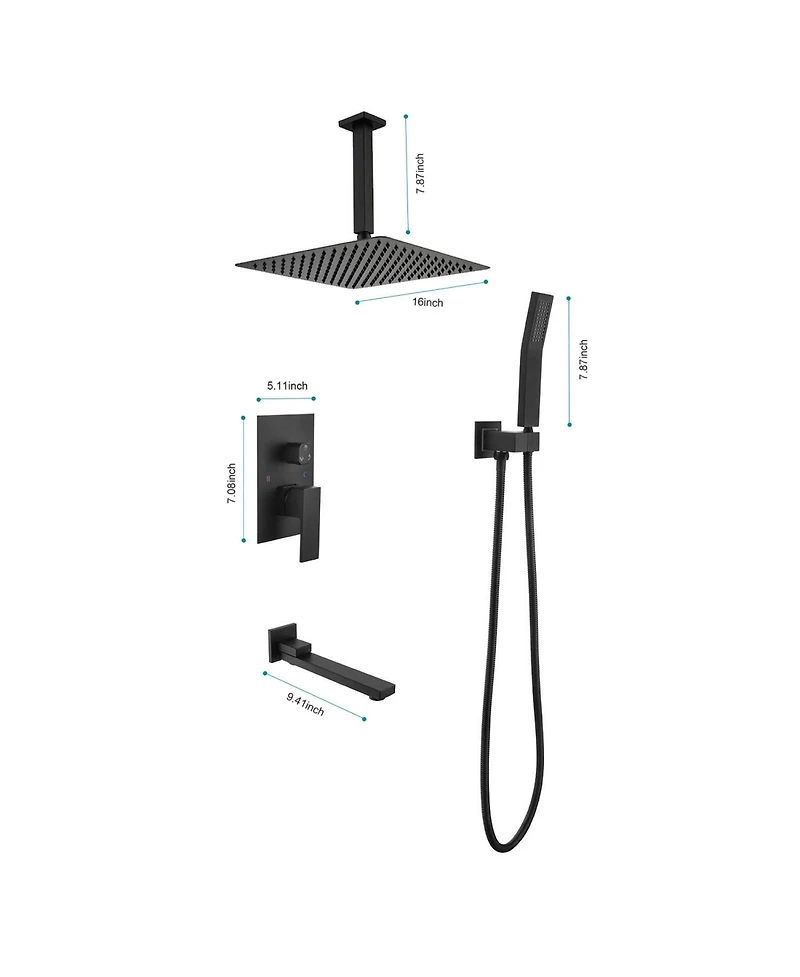 Rainsken 16" Shower Head System Ceiling Mounted Shower with Rain Shower Head, Hand Shower Head, Matte Black