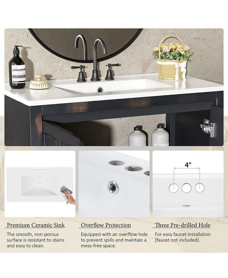 Casainc 36" Bathroom Vanity Organizer with Ceramic Sink and Storage Cabinet Set