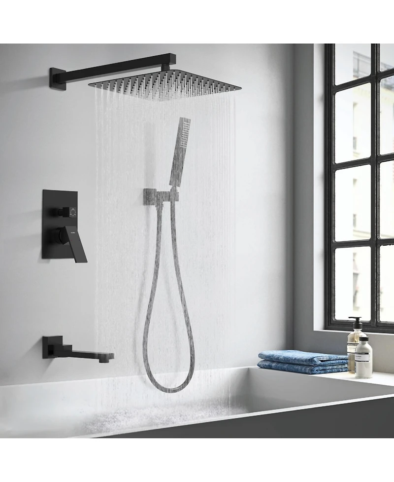 Rainsken Matte Black Shower System, 12 Inch Shower Fixtures Rain Shower Head with Handheld Shower Spray, Wall Mount Shower Faucet Set for Bathroom