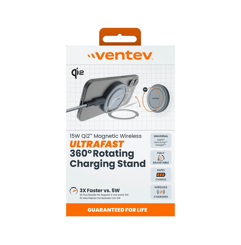 Ventev 15W Qi2 Magnetic Wireless Ultrafast 360 Rotating Charging Stand