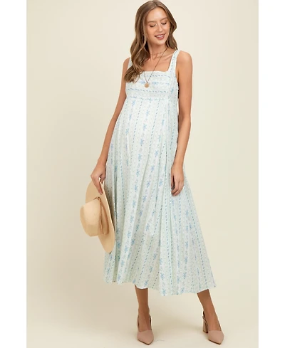 Pinkblush Maternity Light Blue Cotton Floral Square Neck Sleeveless Maxi Dress