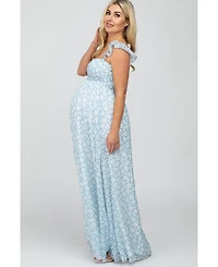 Pinkblush Maternity Light Blue Floral Chiffon Sweetheart Neck Off Shoulder Maxi Dress
