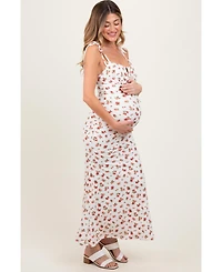 Pinkblush Red Ribbed Floral Shoulder Tie Maternity Maxi Dress