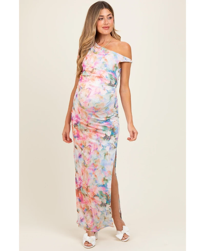 Pinkblush Floral One Shoulder Side Slit Maternity Maxi Dress