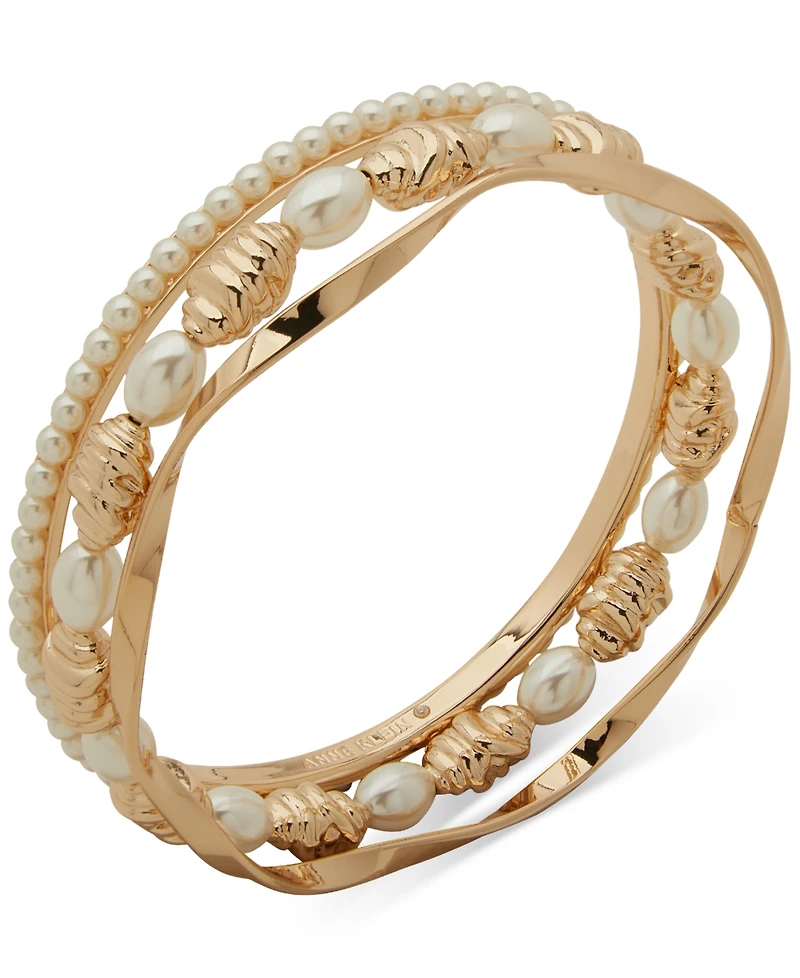 Anne Klein 3-Pc. Imitation Pearl Gold-Tone Texture Bangle Set
