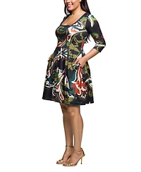 24seven Comfort Apparel Plus Three Quarter Sleeve Fit and Flare Dress