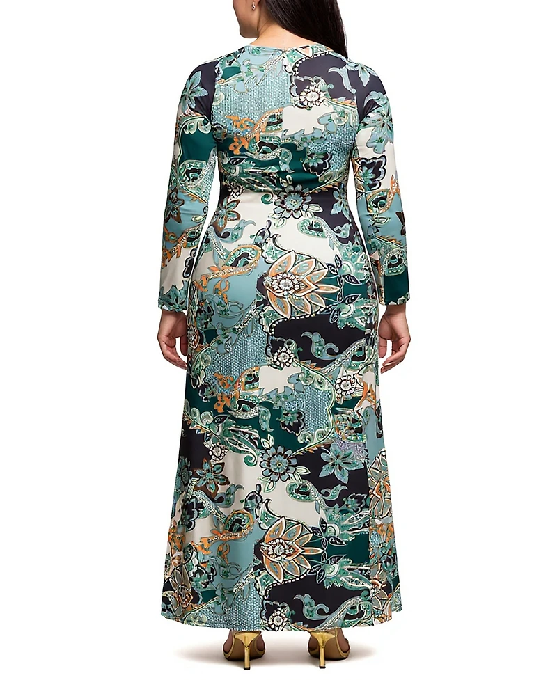 24seven Comfort Apparel Plus Green Paisley Print Long Sleeve Side Slit Maxi Dress