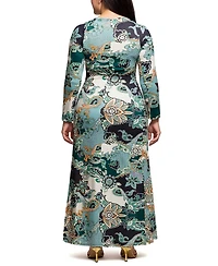 24seven Comfort Apparel Plus Green Paisley Print Long Sleeve Side Slit Maxi Dress