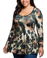 24seven Comfort Apparel Plus Multiprint Long Sleeve Scoop Neck A Line Top