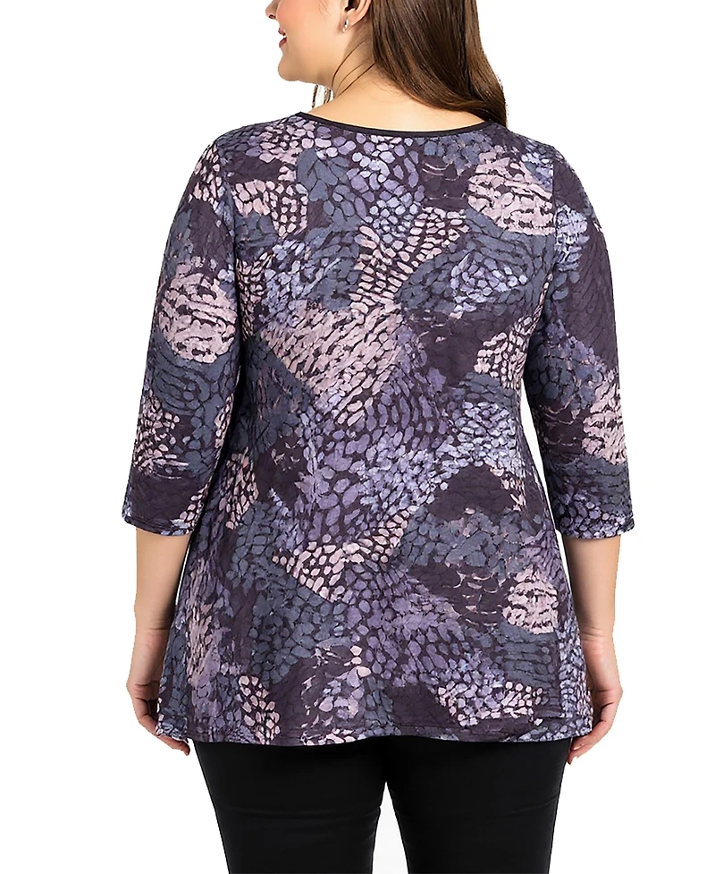24seven Comfort Apparel Plus Gray Abstract Print V Neck Tunic Top