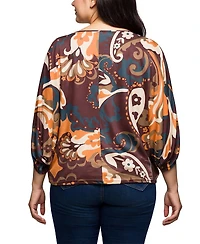 24seven Comfort Apparel Plus Brown Paisley Print Dolman Sleeve Top