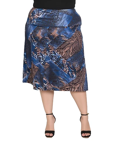 24seven Comfort Apparel Plus Blue Animal Print Midi Skirts