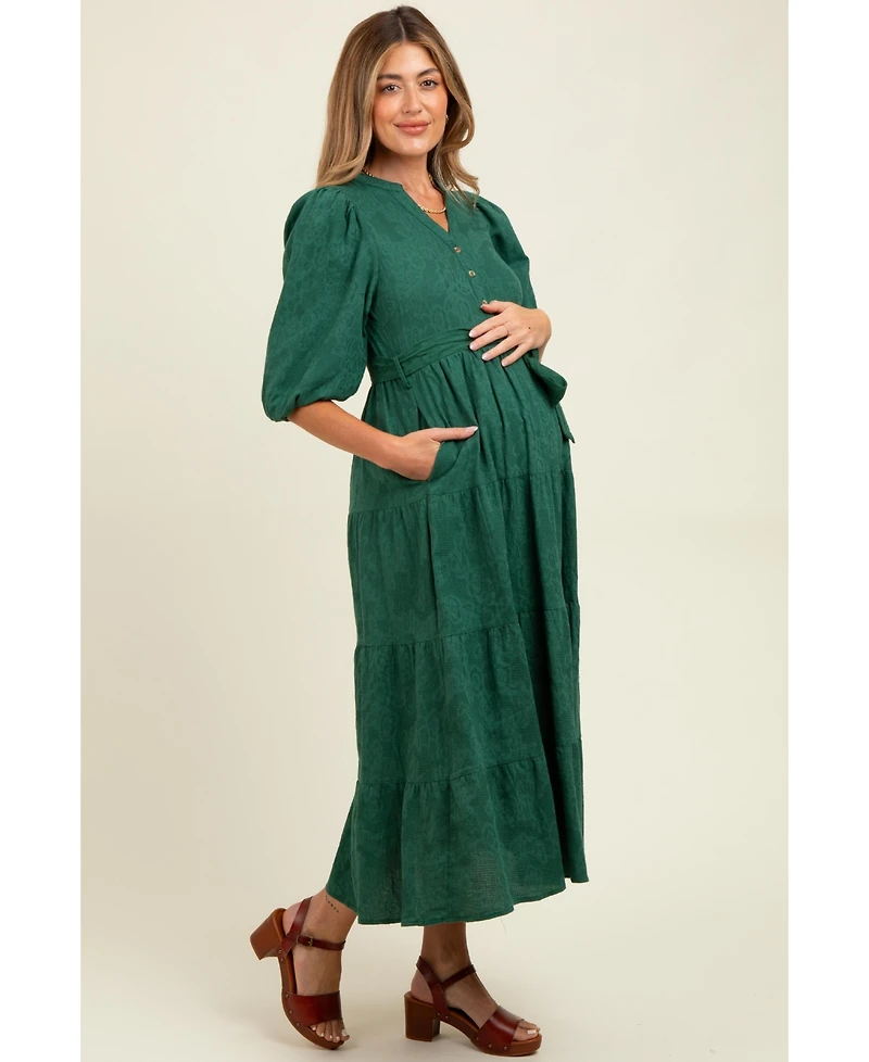Pinkblush Maternity Forest Green Floral Jacquard Button Front Tiered Dress