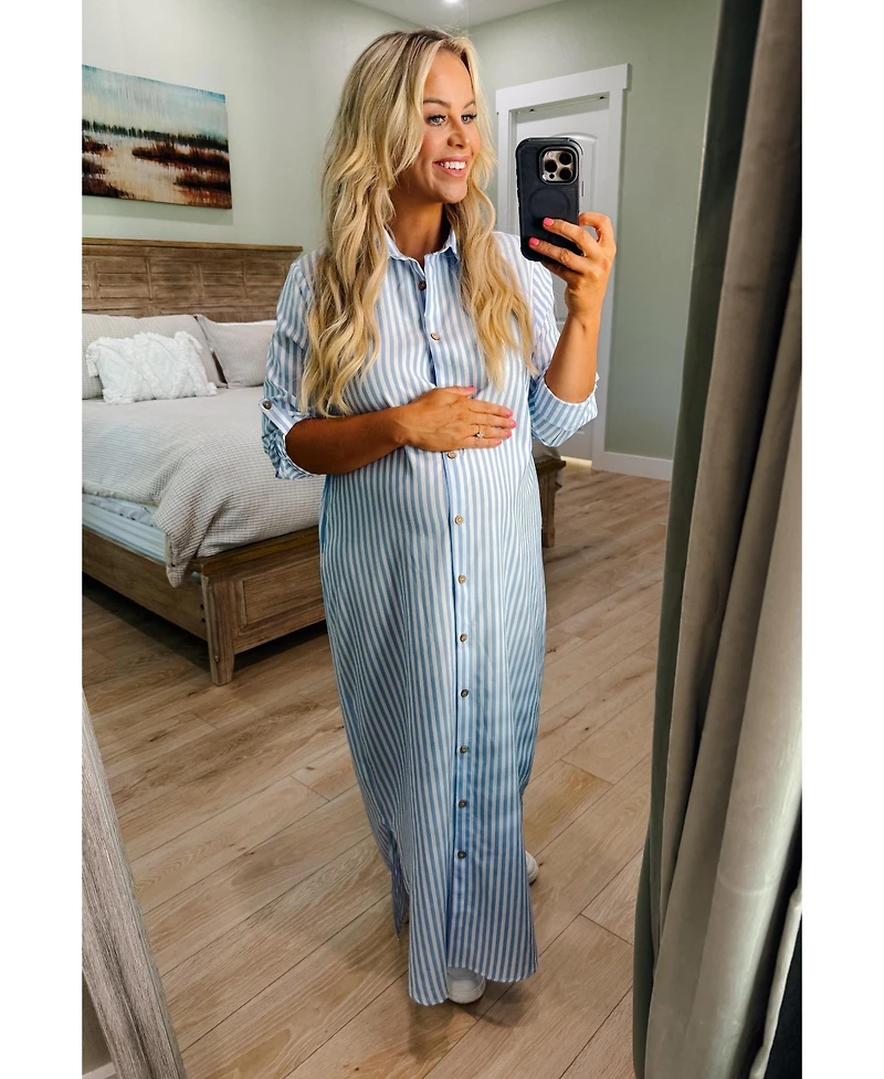 Pinkblush Maternity Light Blue Striped Button Down Maxi Dress