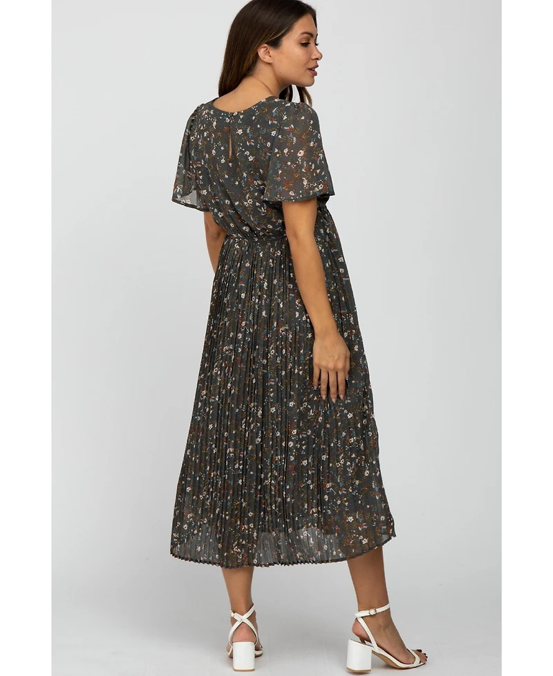 Pinkblush Maternity Teal Floral Pleated Chiffon Midi Dress