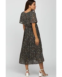 Pinkblush Maternity Teal Floral Pleated Chiffon Midi Dress