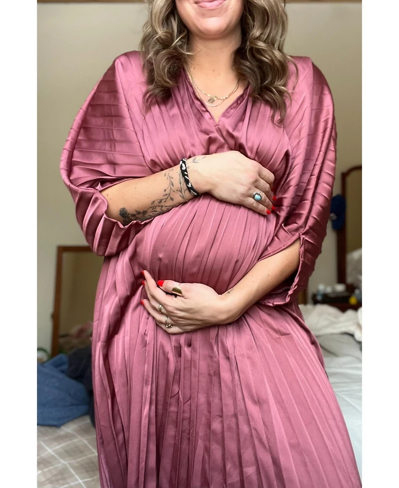 Pinkblush Maternity Mauve Satin Pleated V-Neck Maxi Dress