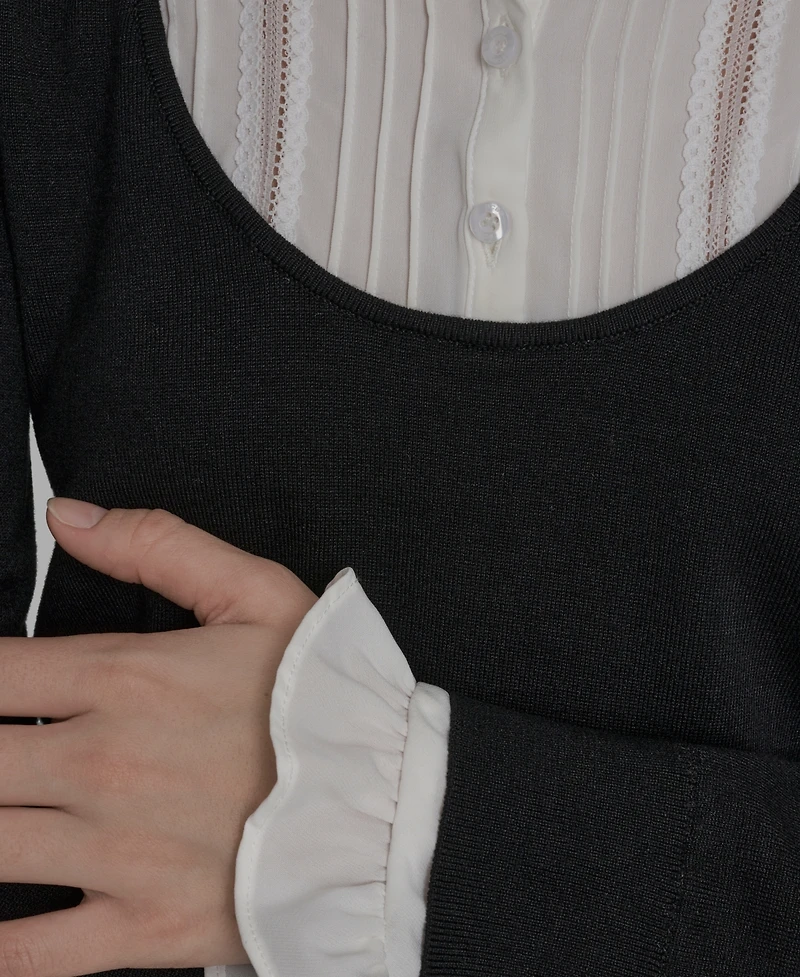 Bcbg Women's Long Sleeve with Embroidered Bib Sweater