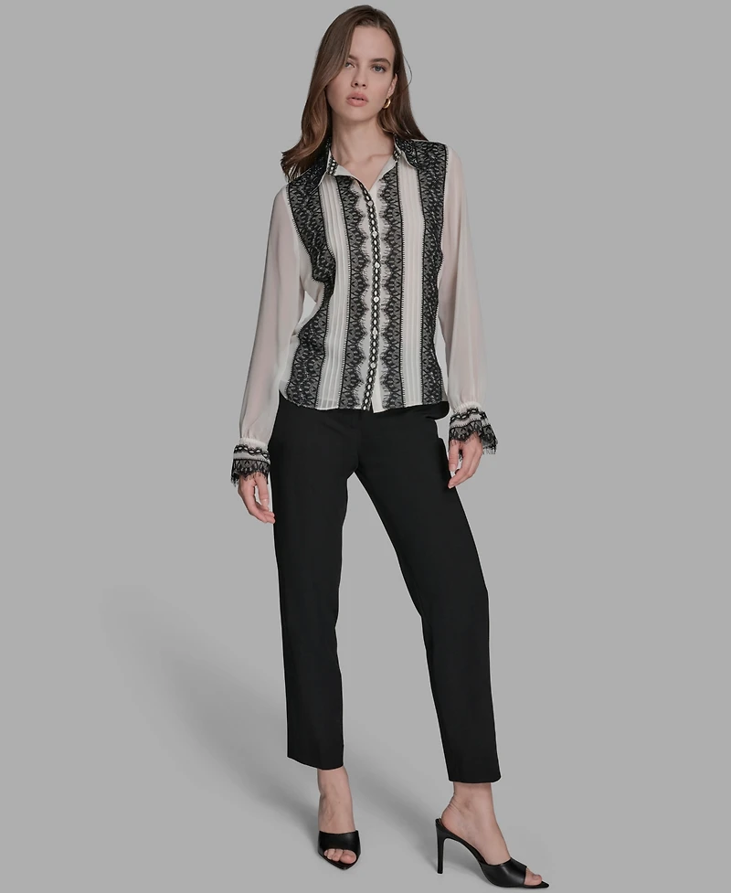 Bcbg Women's Long Sleeve Contrast Lace Top