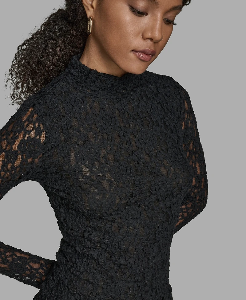 Bcbg Women's Lace Mock Neck Long Sleeve Top