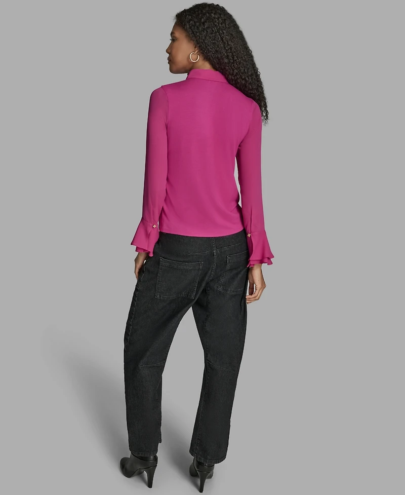 Bcbg Women's Long Sleeve Ruffle-Cuff Collared Top