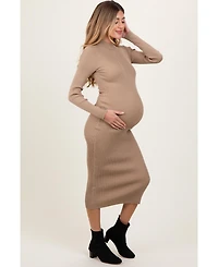 Pinkblush Maternity Light Taupe Mock Neck Fitted Ribbed Knit Midi Dress
